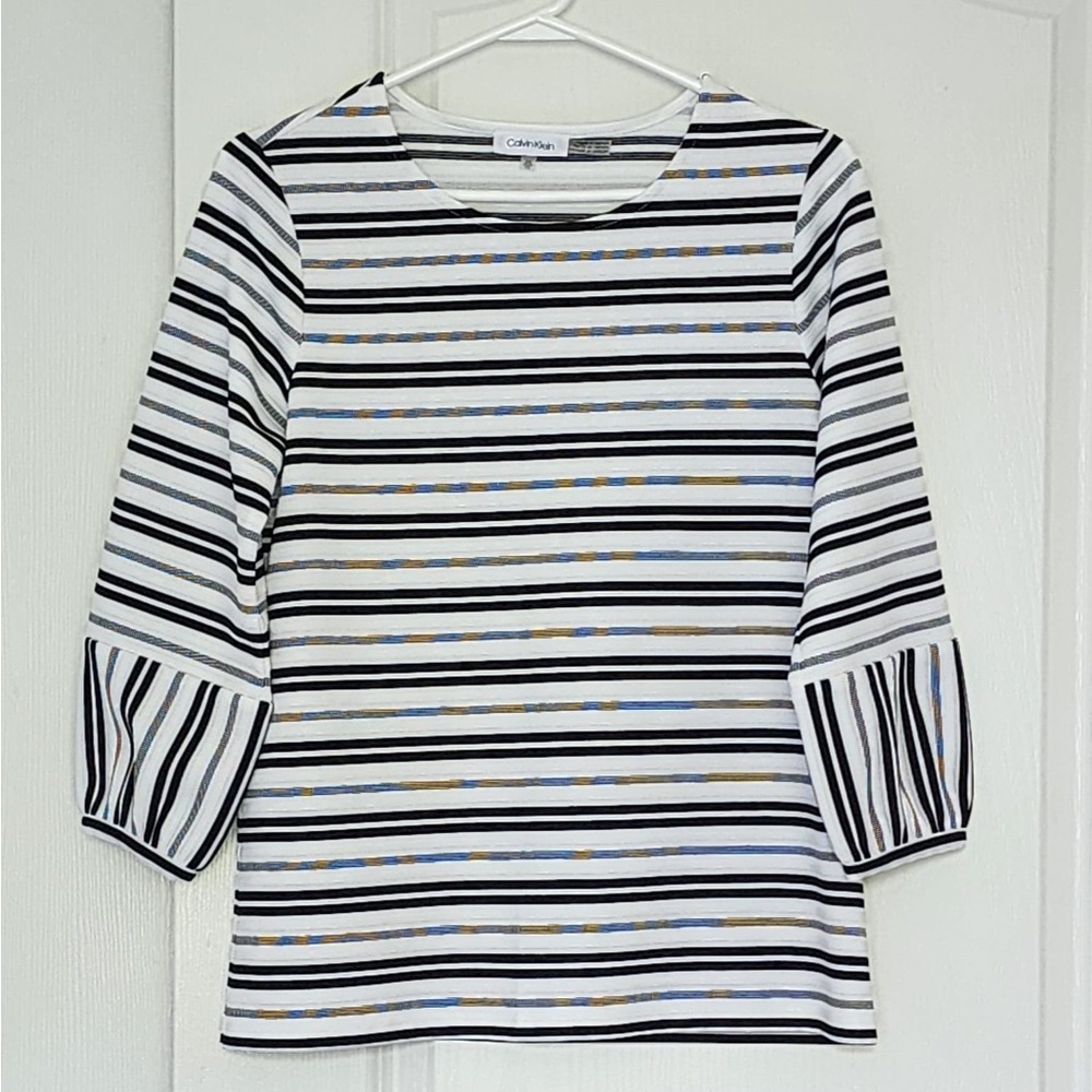 Calvin Klein Women's Striped Blouse - Black, White, Blue, Gold